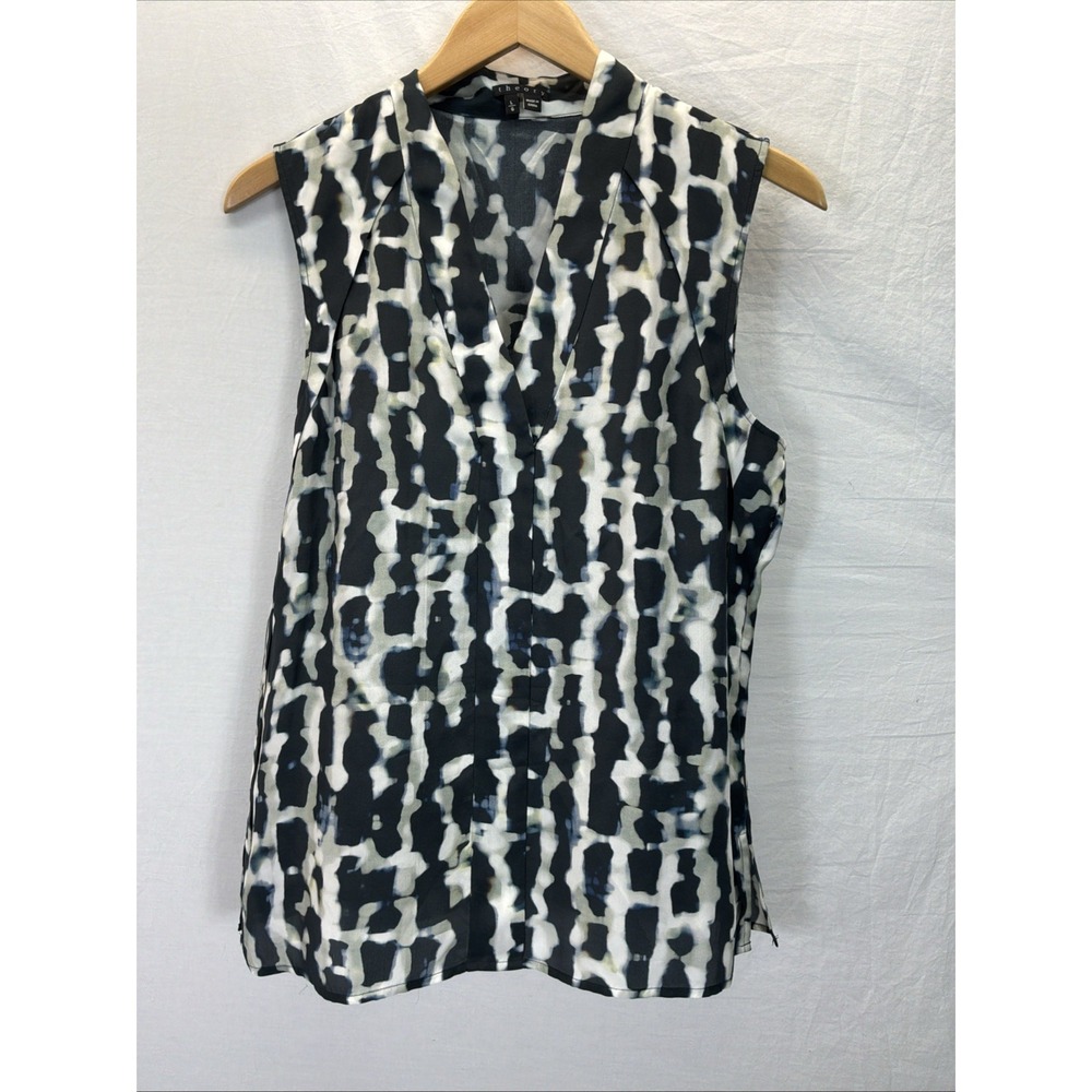 Theory Silk Black Blue Abstract Stripe Sleeveless Blouse Sz L V Neck Sz L Office